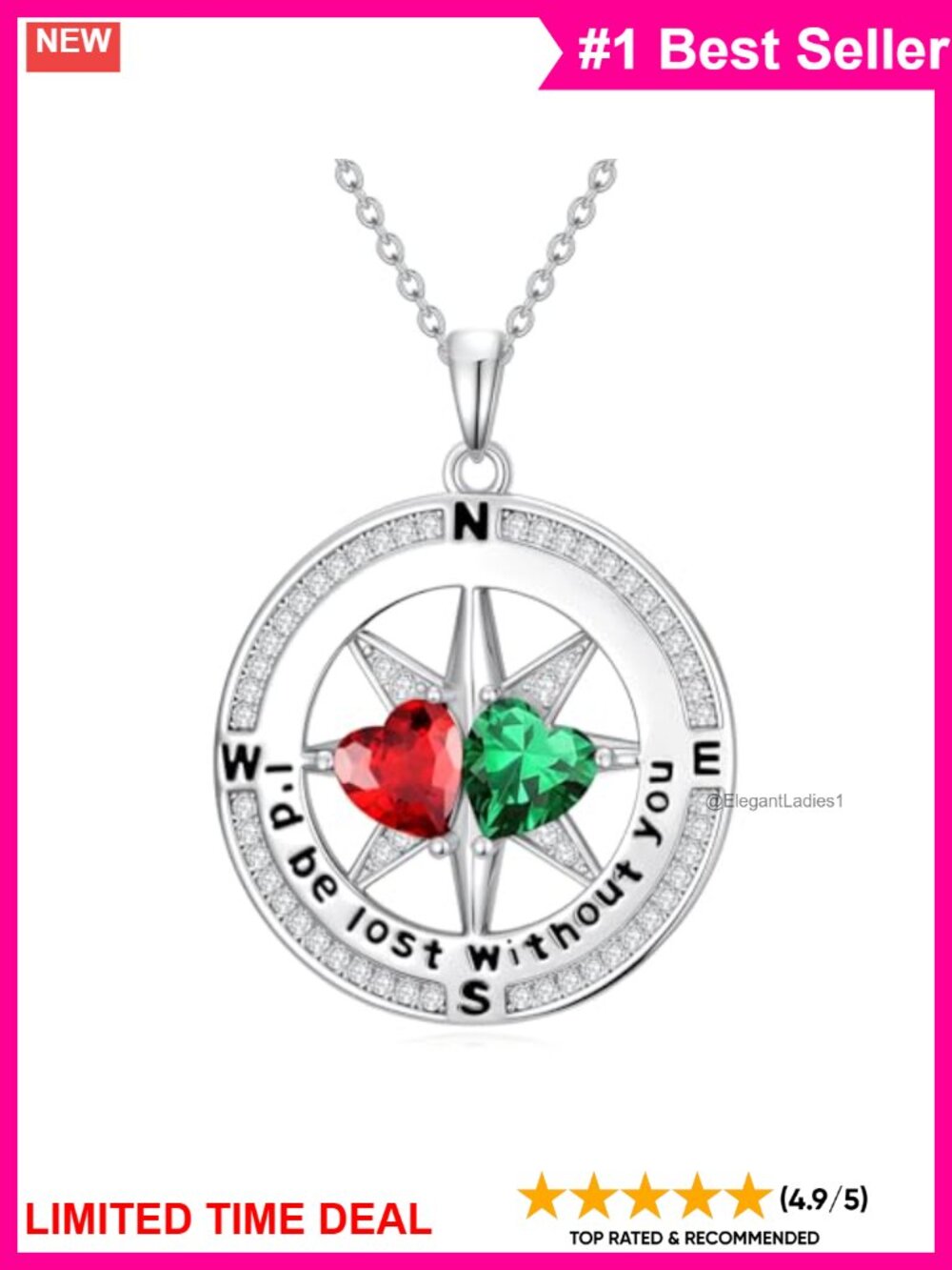 Compass Birthstone Pendant Necklace White Gold Plated Cubic Zirconia 18in
